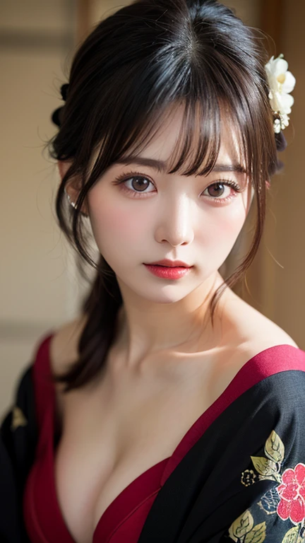 Highest quality, High resolution, 8k wallpaper, Beautiful Eyes, Natural lips, masterpiece, Super High Resolution, (Genuine:1.5) RAW images, One Woman, Off the shoulder, Oiran, Décolletage, full length, Dark Kimono, Long Hair, Japan hair ornament