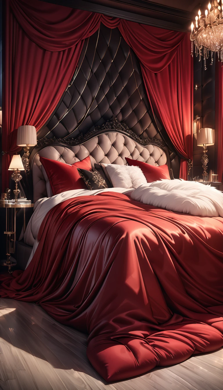 a fluffy black and red silk duvet, many large silk cushions, a luxurious and fluffy black and red silk bed, extremely detailed, high quality, 8k, best quality, photorealistic, studio lighting, lush, elegant, soft, delicate, rich, warm colors, serene, luxurious bedroom interior, plush, velvety, opulent, ornate, detailed silk textures, fine details, sumptuous, sophisticated, lavish, exquisite, opulent, refined, grandiose, magnificent,