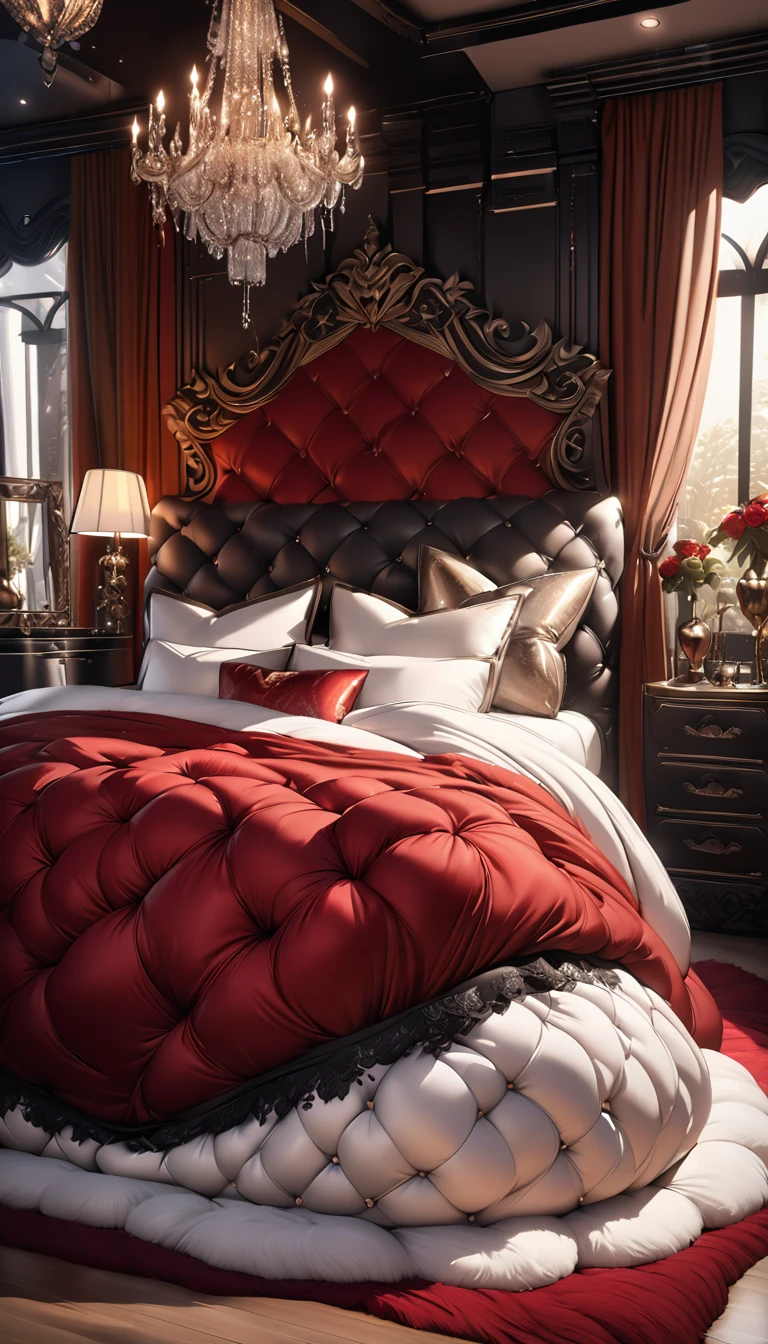 a fluffy black and red silk duvet, many large silk cushions, a luxurious and fluffy black and red silk bed, extremely detailed, high quality, 8k, best quality, photorealistic, studio lighting, lush, elegant, soft, delicate, rich, warm colors, serene, luxurious bedroom interior, plush, velvety, opulent, ornate, detailed silk textures, fine details, sumptuous, sophisticated, lavish, exquisite, opulent, refined, grandiose, magnificent,