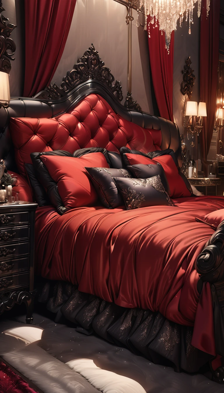 a fluffy black and red silk duvet, many large silk cushions, a luxurious and fluffy black and red silk bed, extremely detailed, high quality, 8k, best quality, photorealistic, studio lighting, lush, elegant, soft, delicate, rich, warm colors, serene, luxurious bedroom interior, plush, velvety, opulent, ornate, detailed silk textures, fine details, sumptuous, sophisticated, lavish, exquisite, opulent, refined, grandiose, magnificent,