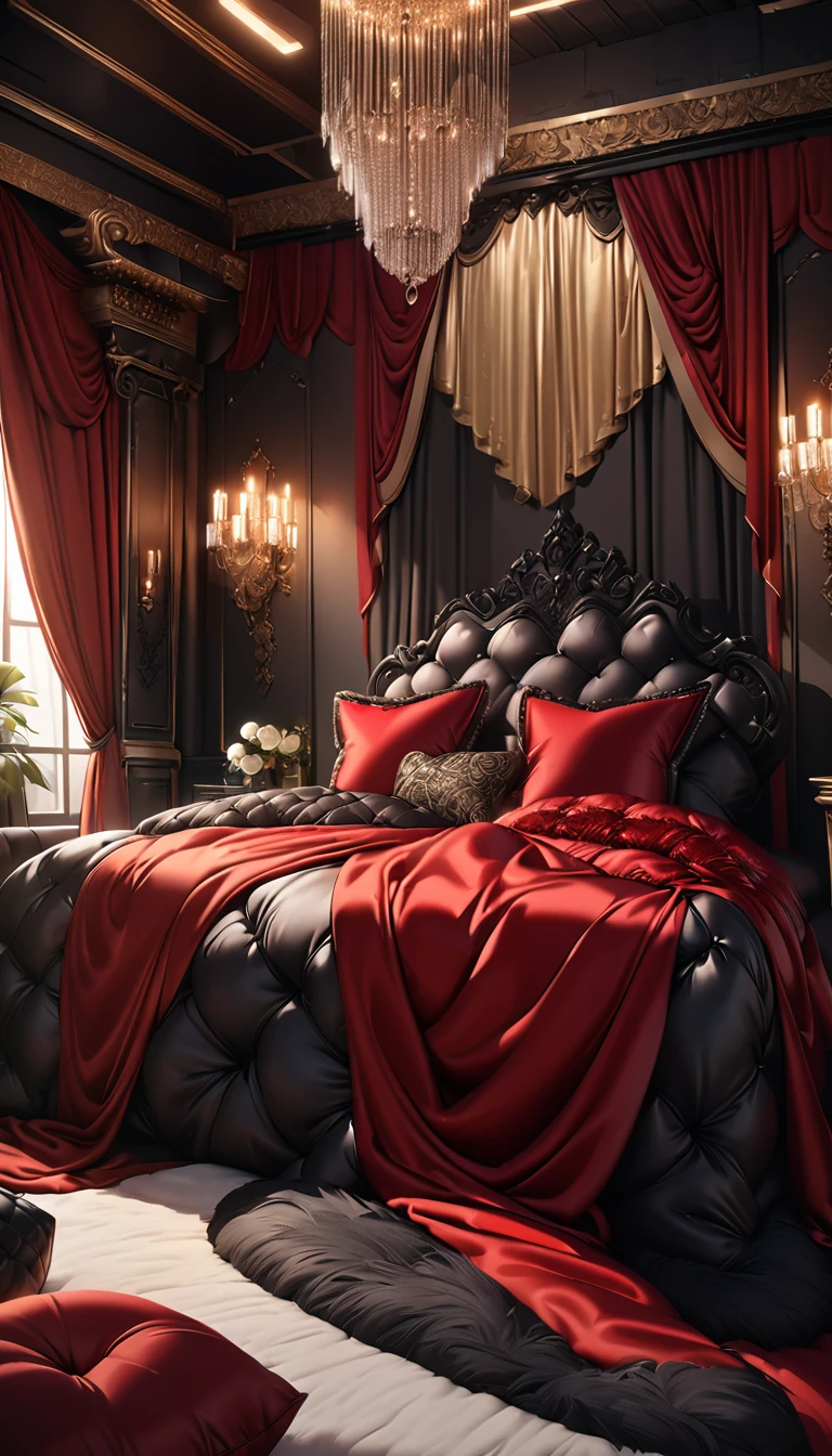 a fluffy black and red silk duvet, many large silk cushions, a luxurious and fluffy black and red silk bed, extremely detailed, high quality, 8k, best quality, photorealistic, studio lighting, lush, elegant, soft, delicate, rich, warm colors, serene, luxurious bedroom interior, plush, velvety, opulent, ornate, detailed silk textures, fine details, sumptuous, sophisticated, lavish, exquisite, opulent, refined, grandiose, magnificent,