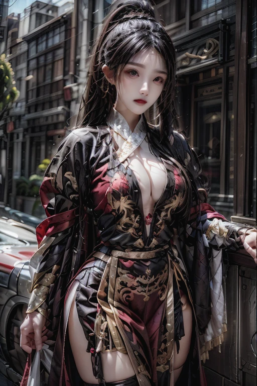 Fei Yu_robes, red cloth, red hair, Whole body, Gold Embroidery, black embroidered gold, high ponytail, braid, depth of field, night scenery,, 1 girl,25 year old girl, ulzzang-6500v1.1, (manuscript: 1.2), (realistic: 1.3) , สาวสวยกับdetailsที่สวยงาม, ดวงตาและใบหน้าที่Very detailed, ดวงตาพร้อมdetailsที่สวยงาม, red hairเข้ม, The resolution is incredibly ridiculous., hugeFilesize, ไฮเปอร์details, High resolution,very big breasts, Very detailed, best quality, Masterpiece, illustration, มีdetailsและสวยงามเป็นพิเศษ, Very detailed, CG, unity, 8k wallpaper, Surprisingly, details, Masterpiece, Highest quality, official art, วอลล์เปเปอร์ CG unity 8k ที่มีdetailsมาก, Cinematic lighting, (Perfect shiny skin:0.6), The lines are thin and smooth., (floating), ear nipple ring , Masterpiece, best quality best, seductive pose,