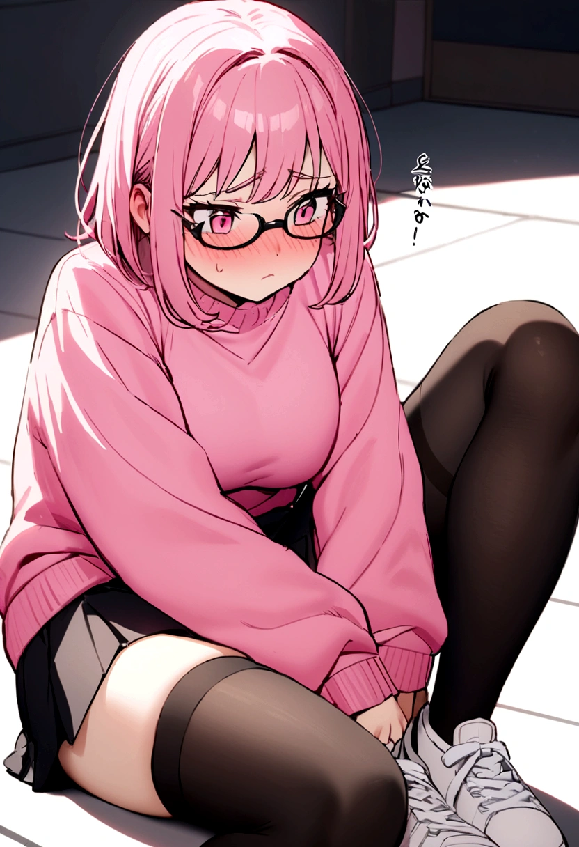 pink hair black glasses pink eyes extremely blushing a big pink sweater short black skirt black stockings white tennis shoes that is a reserved girl that is pouting