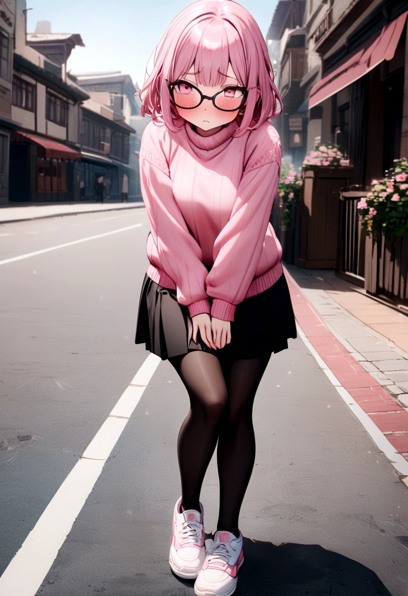 pink hair black glasses pink eyes extremely blushing a big pink sweater short black skirt black stockings white tennis shoes that is a reserved girl that is pouting