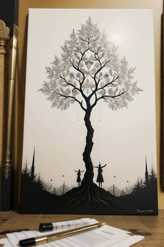 Nordic tree-shaped solitaire,Flat style, abstract artistic,Graphic design,symmetry, Math, Renaissance, Oil painting, 2D canvas, highly detailed, complex, Classic paint, Black monochrome, crystals, opulent, lap, gothic ornament, Graphic design
