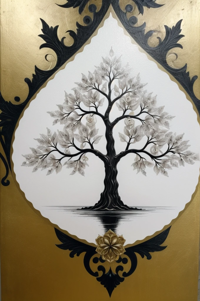 Nordic tree-shaped solitaire,Flat style, abstract artistic,Graphic design,symmetry, Math, Renaissance, Oil painting, 2D canvas, highly detailed, complex, Classic paint, Black monochrome, crystals, opulent, lap, gothic ornament, Graphic design