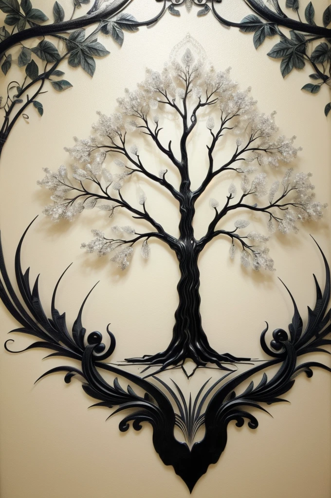 Nordic tree-shaped solitaire,Flat style, abstract artistic,Graphic design,symmetry, Math, Renaissance, Oil painting, 2D canvas, highly detailed, complex, Classic paint, Black monochrome, crystals, opulent, lap, gothic ornament, Graphic design