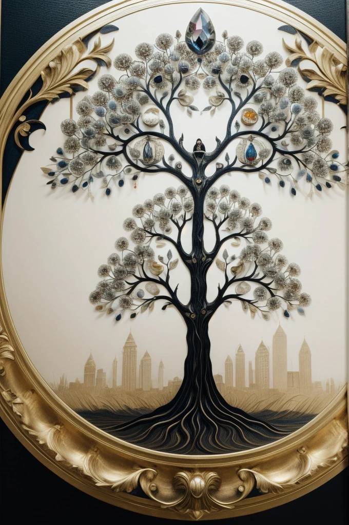Nordic tree-shaped solitaire,Flat style, abstract artistic,Graphic design,symmetry, Math, Renaissance, Oil painting, 2D canvas, highly detailed, complex, Classic paint, Black monochrome, crystals, opulent, lap, gothic ornament, Graphic design