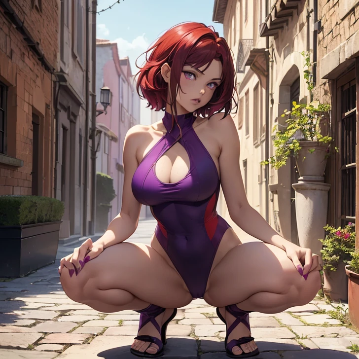 (absurdres, high fantasy artwork, best high quality image, carefuly detailed, very detailed features and textures, detailed color, detailed character, solo alone character back view)
{{(1character:  barbarian girl: (scarlet red red red short hair), (purple eyes with black pupils), (very thin lips, white skin, slender figure, medium breasts, huge rounded butt, beautiful arms, broad shoulders, beautiful legs), (she wears: purple one-piece swimsuit), (she looks: seductive pose, crouched on the floor, very serious face, no sense of humor), (Scenery: medieval irish street celtic forniture)}}