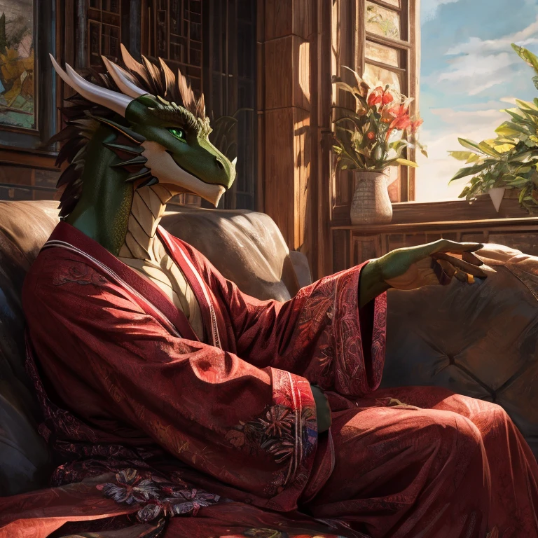 Masterpiece, high quality, 4k, 8K, A high resolution, best quality, perfect colors, perfect shadows, perfect lighting, Furry anthro male Dragon, Oriental Brown dragon, solo, Realistic eyes details, species, wears Brown Kimono, Deep green eyes, has Athletic and Muscular body, slim, toned figure, Overcast personality, happy, sitting in the couch, in the living room