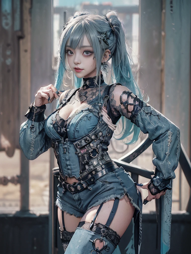 (Full body view:1.2)、(Full Body View:1.2)、(Smiling with teeth showing:1.3),(Shibuya Gal:1.5)、(Beautiful:1.4)、(Neo-Goth Fashion:1.5)、(Punk RockVisual Kei:1.3)、(Futuristic turquoise, denim and navy blue bodysuit:1.5)、(Delicate denim and turquoise cardigan:1.5)、(Gorgeous decorated corset:1.4)、(Navy denim garter belt:1.5)、(Denim, navy and black cargo pants:1.3)、(Heart-shaped silver accessories:1.5)、(Brown Skin Belt:1.4)、(Blue High Heels:1.4)、(Lace underwear:1.4)、20-year-old、Browsing Caution,((Highest quality、In 8K、masterpiece:1.3))、Sharp focus:1.2、(Layered Cut、Huge breasts:1.1),Beautiful woman with perfect figure:1.4、(Doing an aerobics pose:1.3)、Slim Abs:1.2、Butt、Highly detailed face and skin texture、Fine grain、double eyelid,(Twin tails:1.3)、(cream hair:1.3)、Obscene、Idol Sculpture、(In the background is a gorgeous medieval metropolis on a sunny day:1.3)、(Slimming your legs:1.4)、(The body is slim:1.3)、(clavicle:1.1)