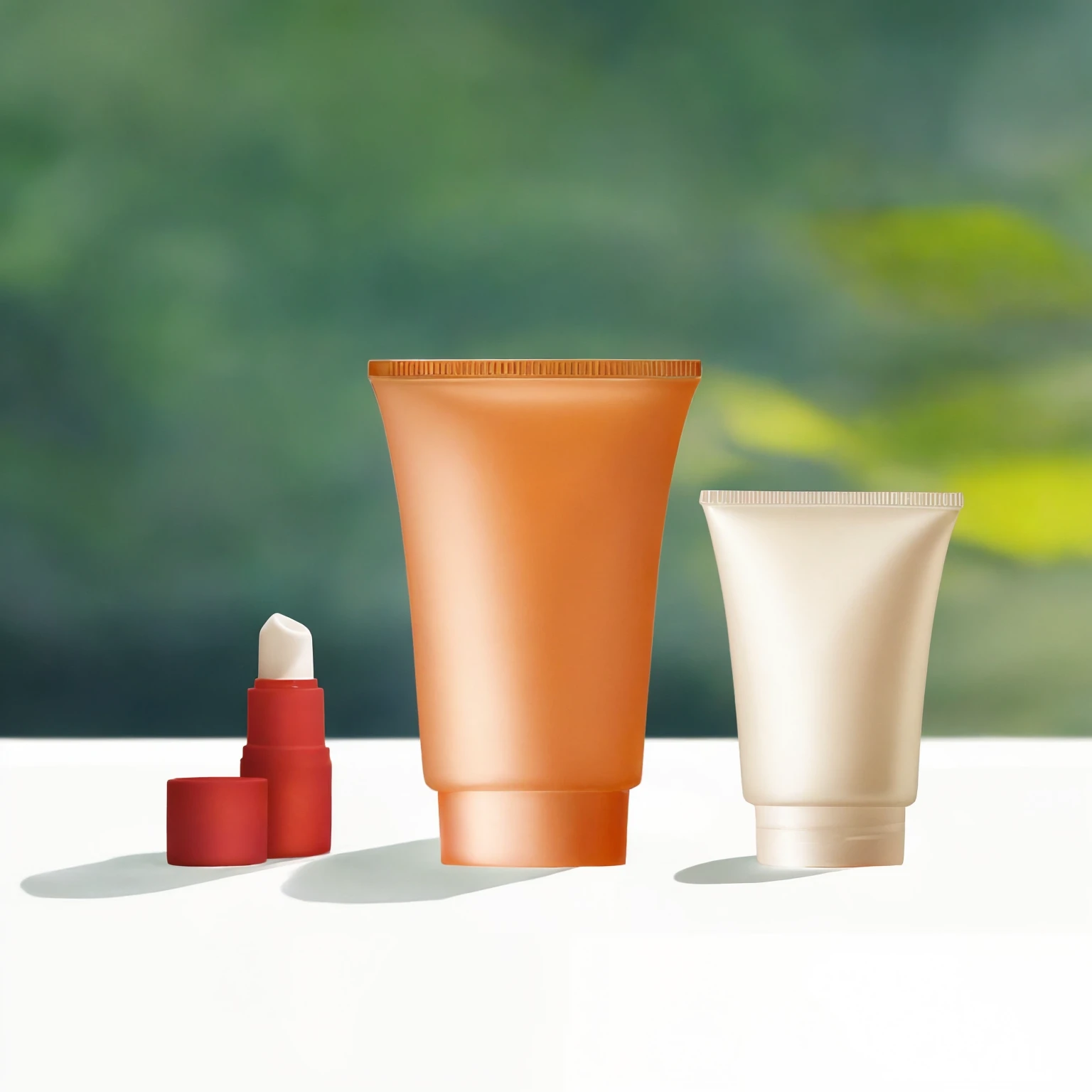 There are three different types of cosmetics on one table, cosmetics, Cleanse the skin of the face and body, skin care, Wide Portrait, skin care, compensate, Crisp, smooth, clean lines, 高品質の局所rendering, photorealistic figure, Highly detailed configuration, Glowing Skin, figure!, rendering, replace, !!Natural Beauty!!, Realistic Scene, highly detailed scenario, Very detailed