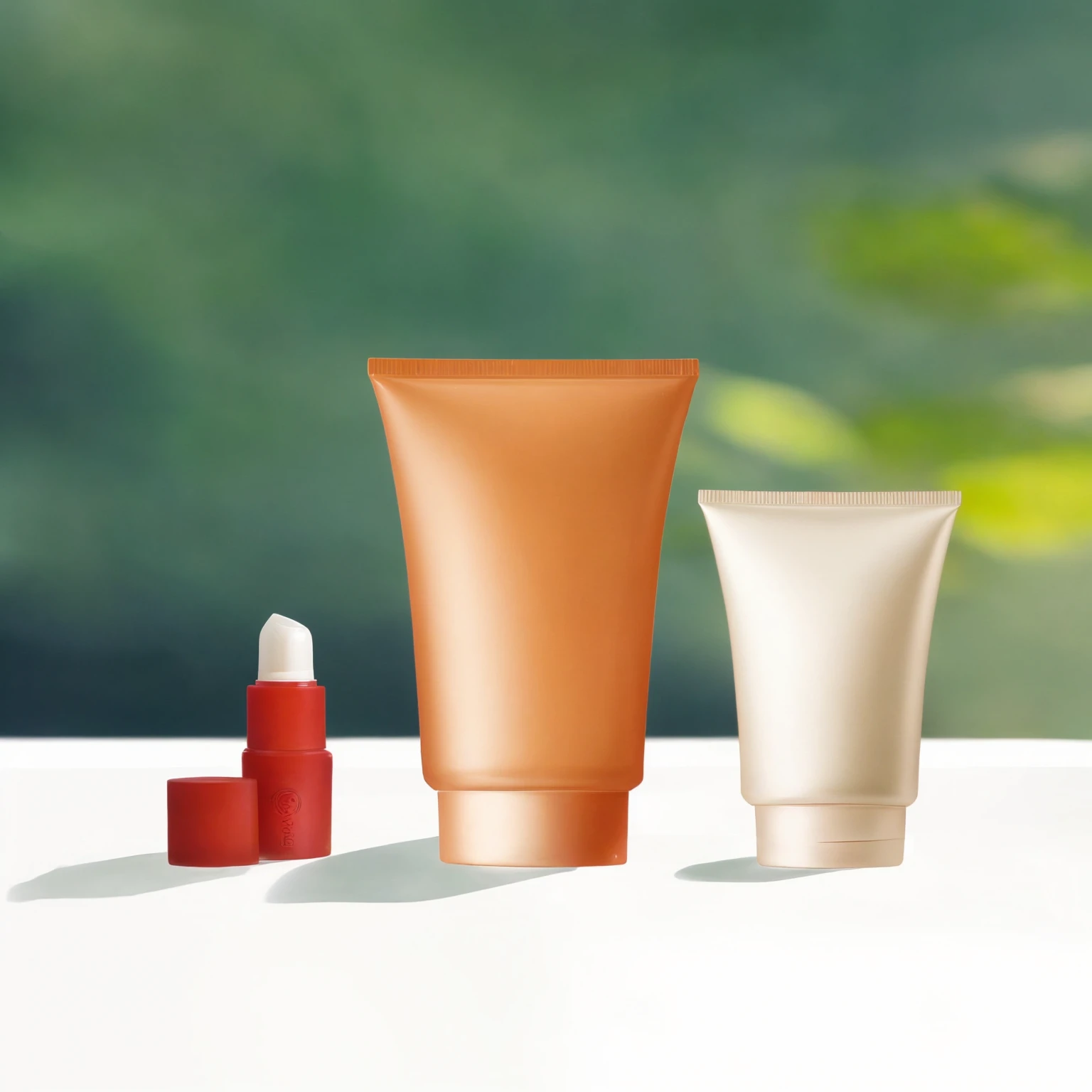 There are three different types of cosmetics on one table, cosmetics, Cleanse the skin of the face and body, skin care, Wide Portrait, skin care, compensate, Crisp, smooth, clean lines, 高品質の局所rendering, photorealistic figure, Highly detailed configuration, Glowing Skin, figure!, rendering, replace, !!Natural Beauty!!, Realistic Scene, highly detailed scenario, Very detailed