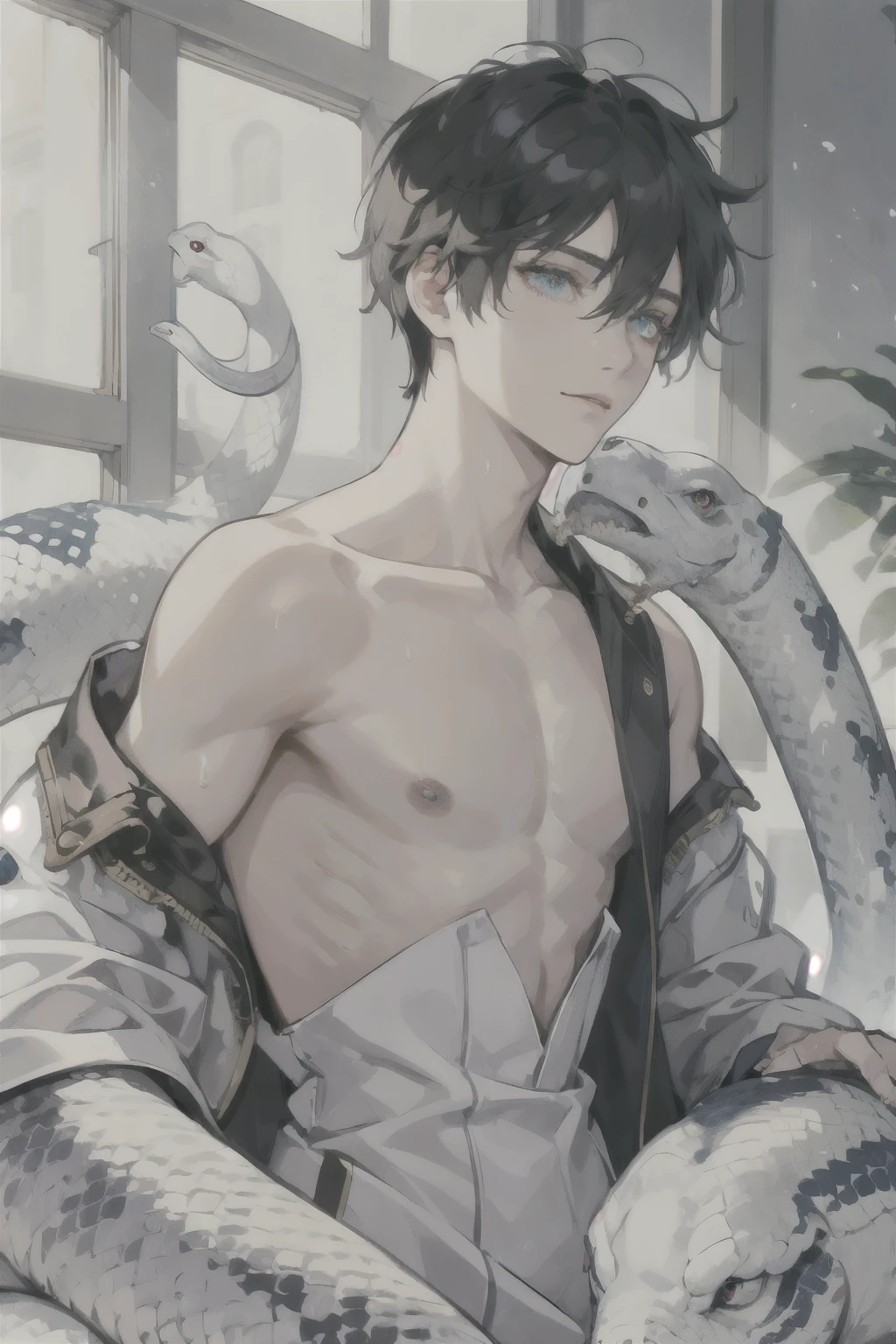 masterpiece, best quality, ultra detailed, (solo man), (male focus), ((Oblong face)), ((Square jawline)), black hair, ((hairs between eyes)), ((shoulder length)), ((narrow blue eye)), fair skin, skinny body, beauty mark, snfw, {uniform, outfit, clothes}, white evening dress, lifted by self on bed, wet skin, (completely nude:1.2), (Giving an insincere smile:0.7), (kiss a big albino snake)