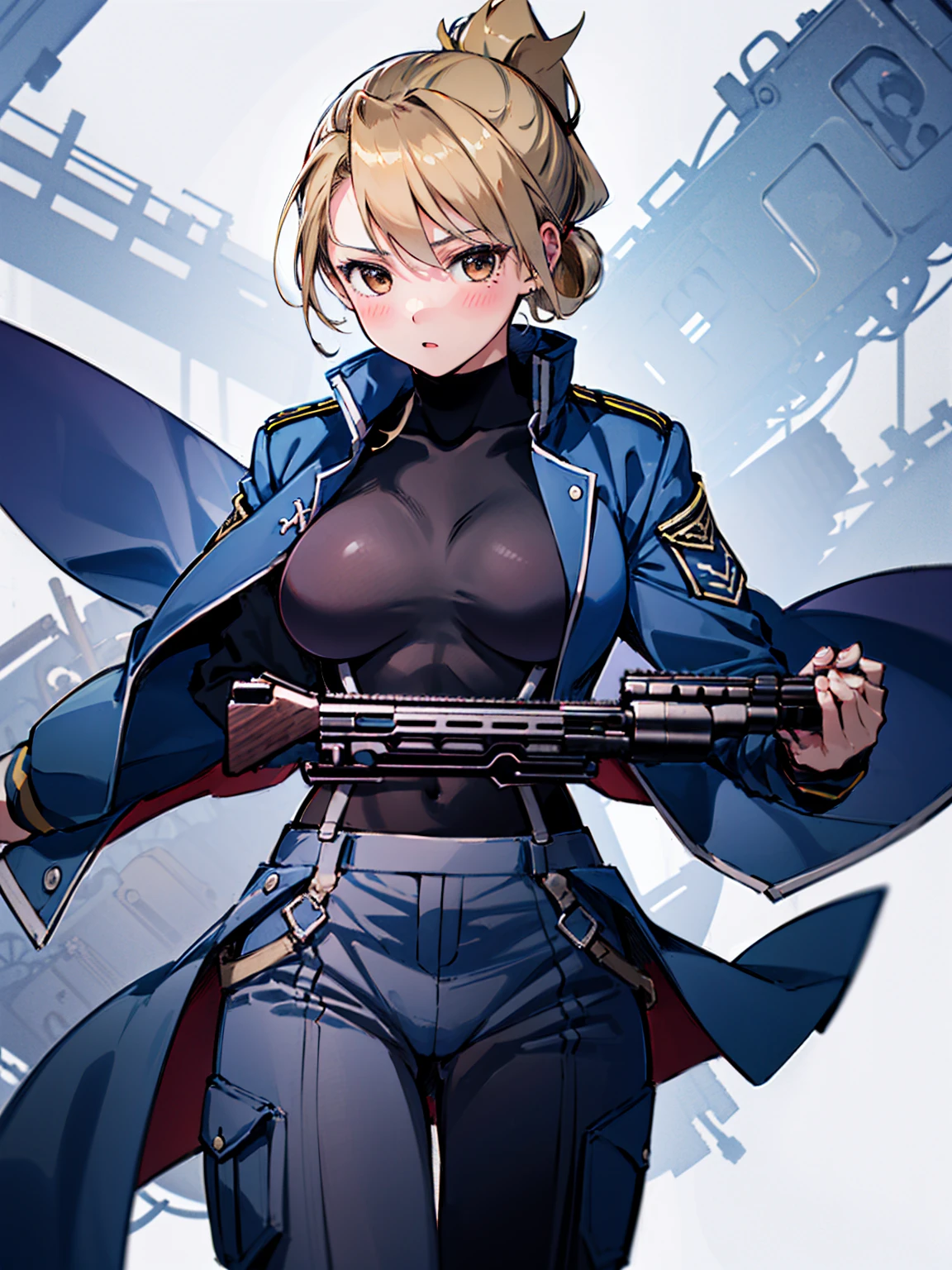 masterpiece, Highest quality, High resolution, One girl, (Blue jacketの下にBlack innerwearを着ている), Folded ponytail, Brown eyes, , uniform, Blue jacket, Blue pants, ,Big Breasts, Black innerwear, (Bend down and shoot your gun:1.3), blush, (Ready your gun?)
