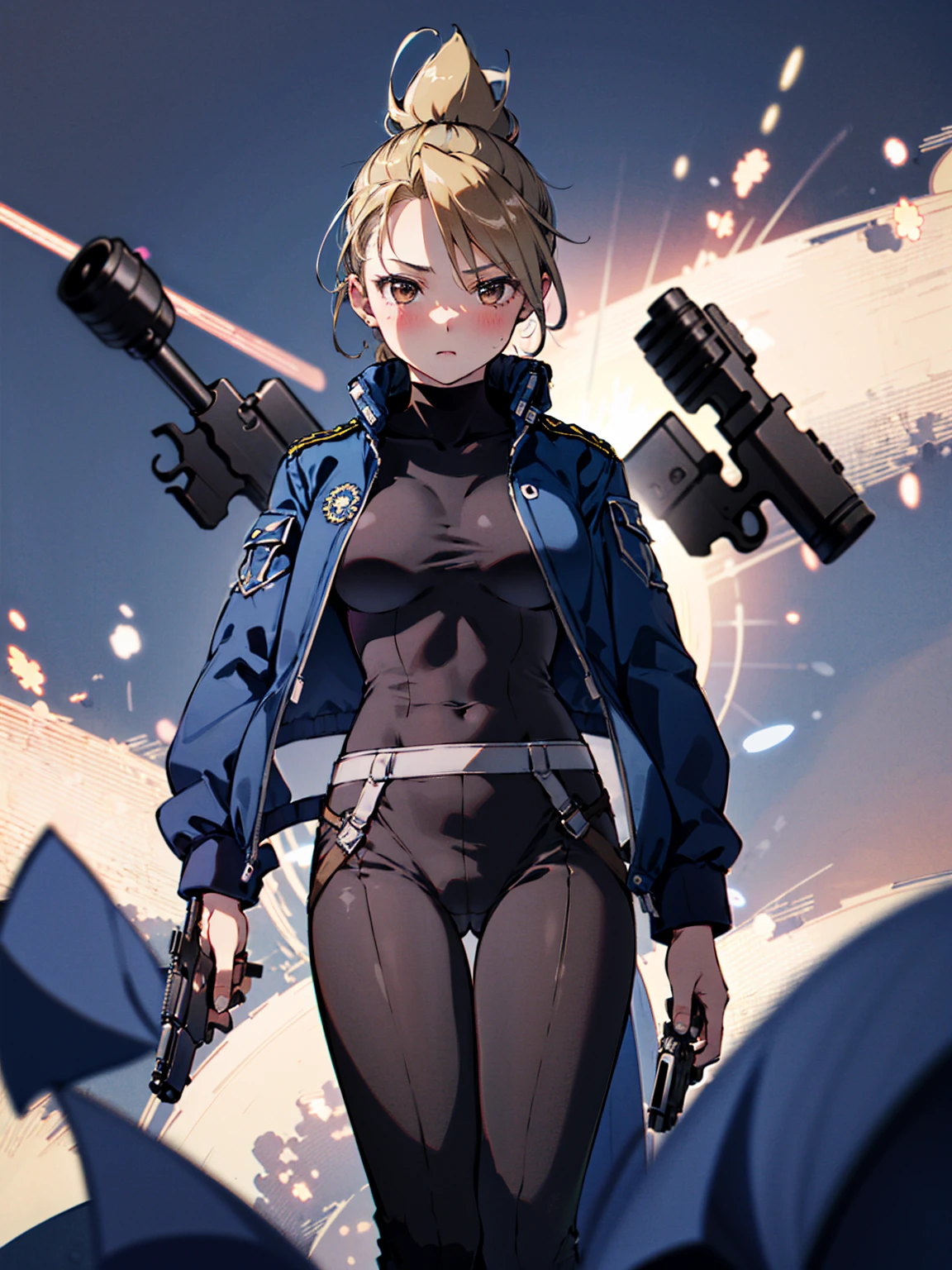 masterpiece, Highest quality, High resolution, One girl, (Blue jacketの下にBlack innerwearを着ている), Folded ponytail, Brown eyes, , uniform, Blue jacket, Blue pants, ,Big Breasts, Black innerwear, (Bend down and shoot your gun:1.3), blush, (Ready your gun?)
