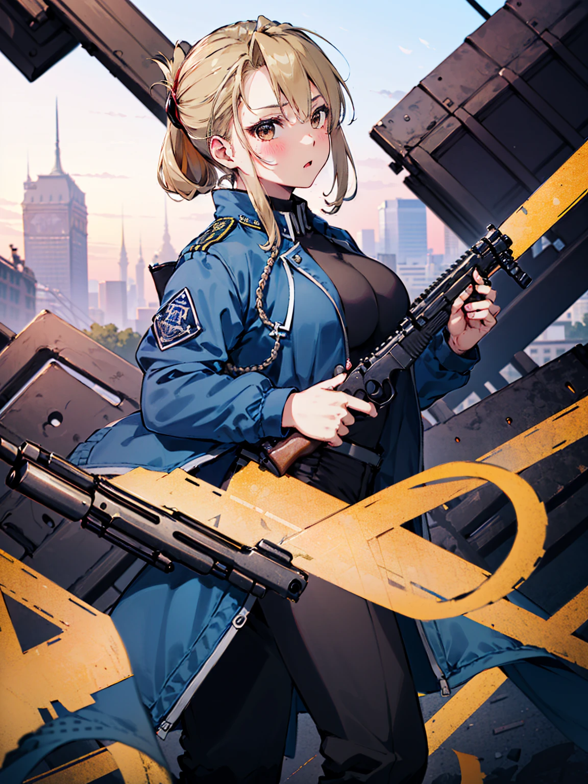 masterpiece, Highest quality, High resolution, One girl, (Blue jacketの下にBlack innerwearを着ている), Folded ponytail, Brown eyes, , uniform, Blue jacket, Blue pants, ,Big Breasts, Black innerwear, (Bend down and shoot your gun:1.3), blush, (Ready your gun?)