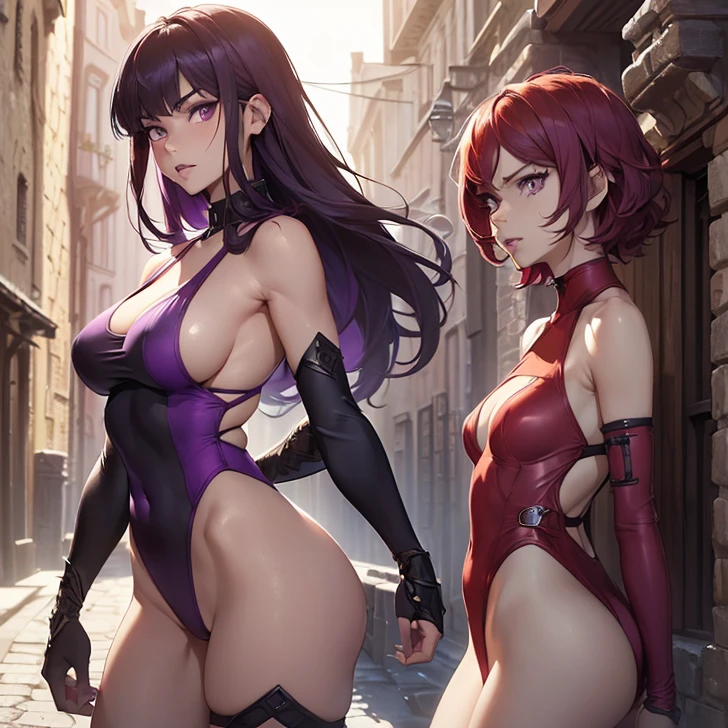 (absurdres, high fantasy artwork, best high quality image, carefuly detailed, very detailed features and textures, detailed color, detailed character, solo alone character back view)
{{(1character: barbarian girl: (scarlet red red red short hair), (purple eyes with black pupils), (very thin lips, white skin, slender figure, medium breasts, huge rounded butt, beautiful arms, broad shoulders, beautiful legs), (she wears: purple one-piece swimsuit), (she looks: seductive pose, very serious face, no sense of humor), (Scenery: medieval irish street celtic forniture)}}