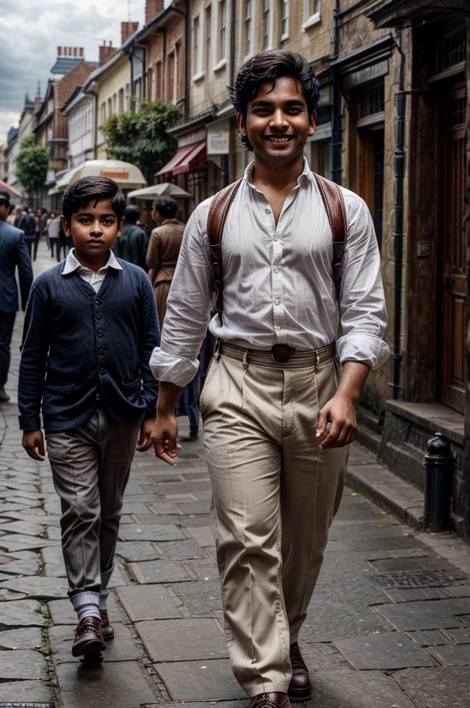 a chubby and endearing 15-year-old Indian boy, with a youthful face, standing on a cobbled street in late 18th-century England:

Physical Description: Gopal has a round and cherubic face, with plump cheeks that give him a distinctly youthful appearance. His eyes are wide and curious, with an innocent sparkle that reflects his sense of wonder. His dark hair is neatly styled in a period-appropriate manner.

Attire: He wears a pristine white shirt with sleeves rolled up slightly, tucked into breeches that reach just below the knee. Over his shirt, colorful suspenders with playful patterns hold up his trousers. His shoes are sturdy and practical for walking on the cobblestones.

Expression: Gopal's face is lit up with a bright and infectious smile, revealing a row of slightly crooked but endearing teeth. His expression conveys pure joy and curiosity as he explores the sights and sounds of the bustling late 18th-century street.

Background: Place him in a lively street scene typical of late 18th-century England, with shops, carriages, and pedestrians dressed in period-appropriate attire. The architecture should reflect Georgian or early Victorian styles, with gas lamps casting a warm glow against the backdrop of a cloudy sky.