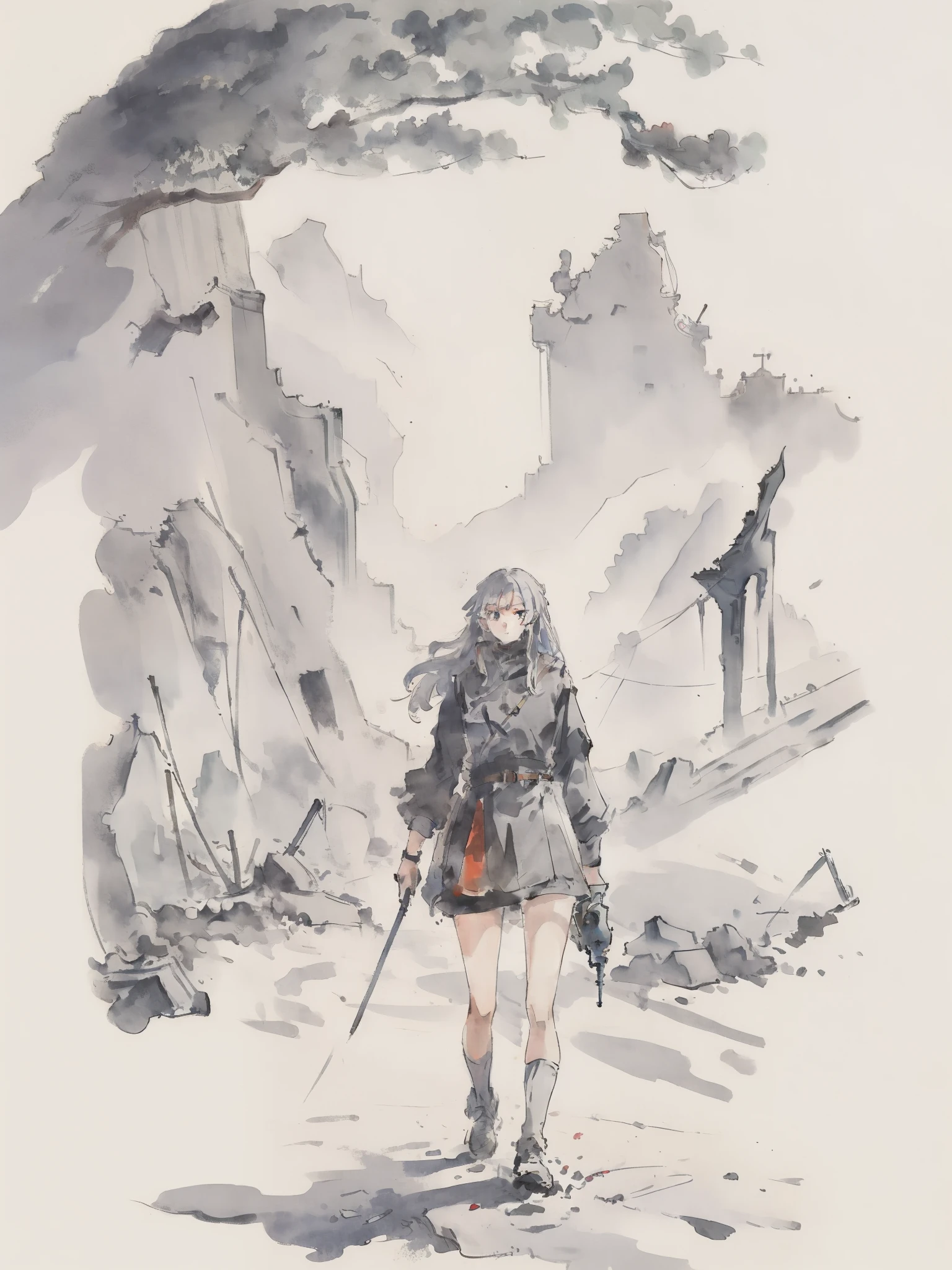 Masterpiece, Highest quality, Low Contrast((must))A Russian girl in her early 20s with ash grey hair, Head to toe full body, Fully equipped with mechanical protectors, In the ruins, The face is precise((must))