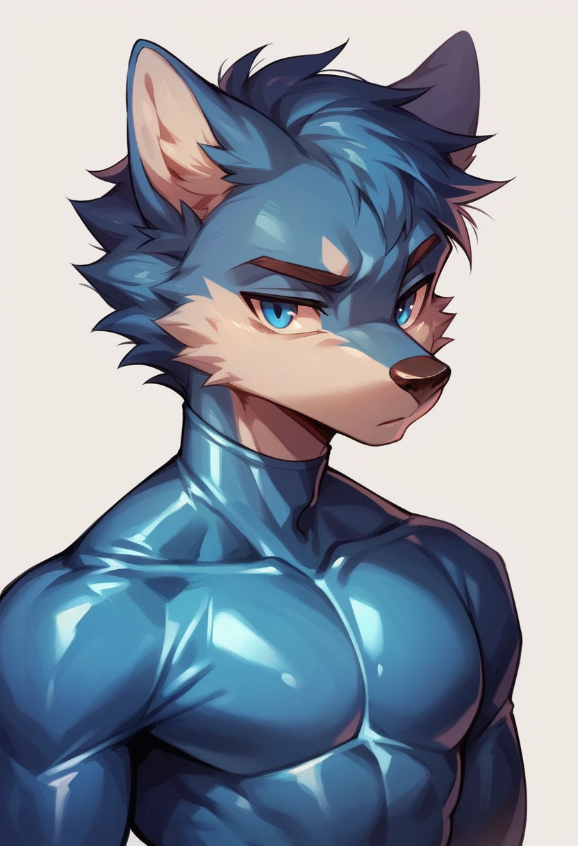 this illustration of male person, anthro junior wolf is wearing blue shiny rubber bodysuit, and blue shiny rubber full-face head, shiny, white background, in furry art style, sleek, no eyes, blue painted eyes