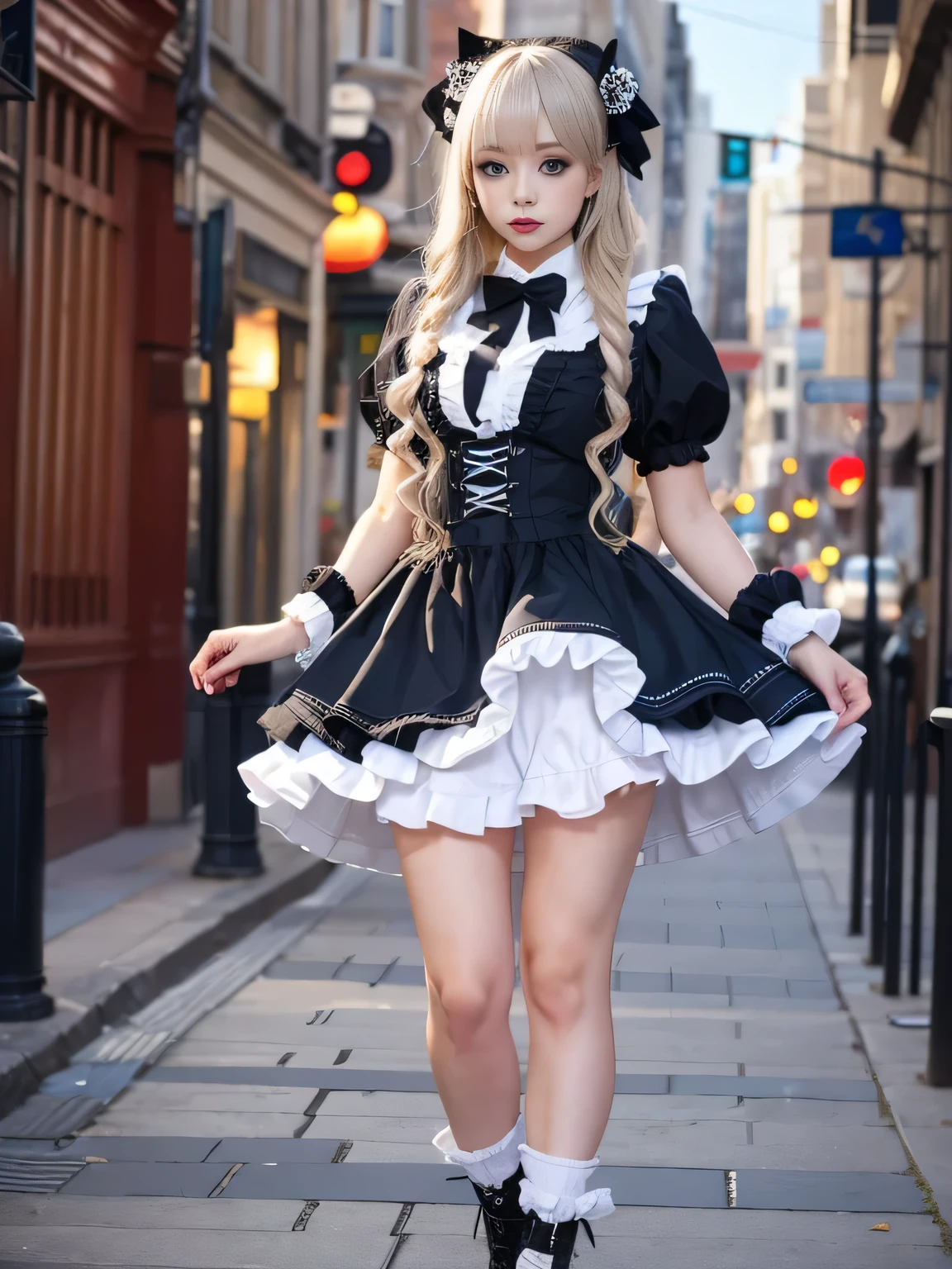 (Tabletop, Highest quality:1.2), 8K, 85mm, Full Body Shot、Thighs、Official Art, RAW Photos, Absurd, Platinum Blonde Hair, (blue eyes, Lolita Fashion, Sweet Lolita, Gothic, dress:1.2), Idol&#39;Face, Upper Body, beautiful girl, Gardeniass, Copenhagen, Short sleeve, Grace, Sophisticated, Gardenia, View your audience, Film Grain, chromatic aberration, Sharp focus, Face Light, Dynamic Lighting, Cinema Lighting, Detailed face, Bokeh Background
