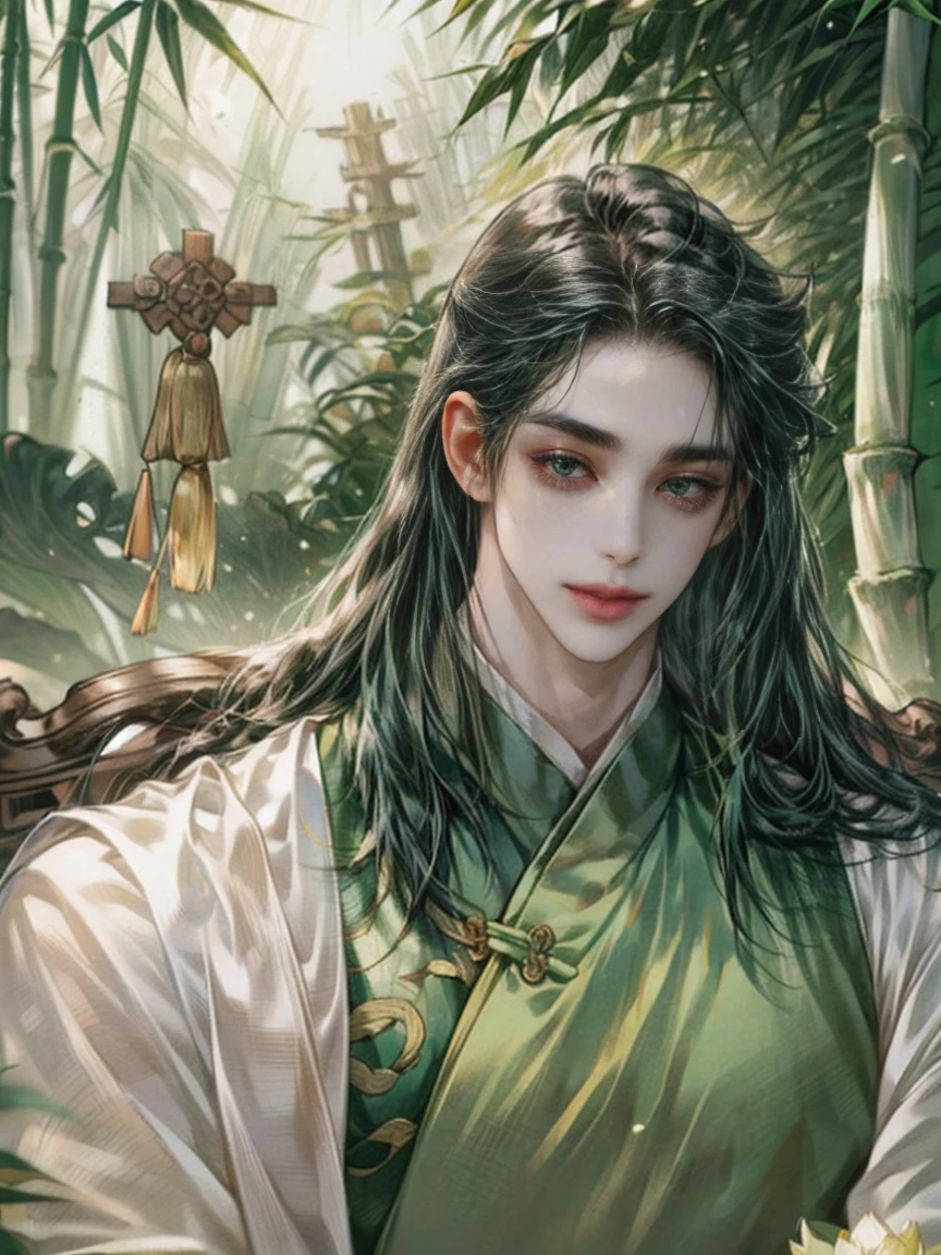 (((best quality))),masterpiece,ultra high resolution,extraordinarily beautiful youth, a bright, innocent smile,All green clothing,((boy 20 year old, green hanfu,green clothing, Chinese shirt style)) ,boy character ,((Thick black long hair)),beautiful face,detailed interior, detailed boy,((man)),(in bamboo forest), house China style, pure white lotus,beautiful and cute boy ,black eyes,((solo man)),(he has a Big eyes, charming lips, slim nose and small face),(slim figures ),very long hair 
