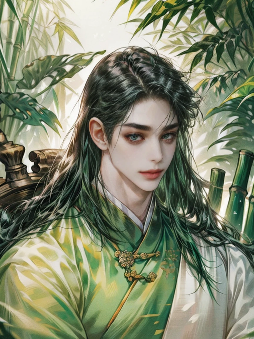 (((best quality))),masterpiece,ultra high resolution,extraordinarily beautiful youth, a bright, innocent smile,All green clothing,((boy 20 year old, green hanfu,green clothing, Chinese shirt style)) ,boy character ,((Thick black long hair)),beautiful face,detailed interior, detailed boy,((man)),(in bamboo forest), house China style, pure white lotus,beautiful and cute boy ,black eyes,((solo man)),(he has a Big eyes, charming lips, slim nose and small face),(slim figures ),very long hair