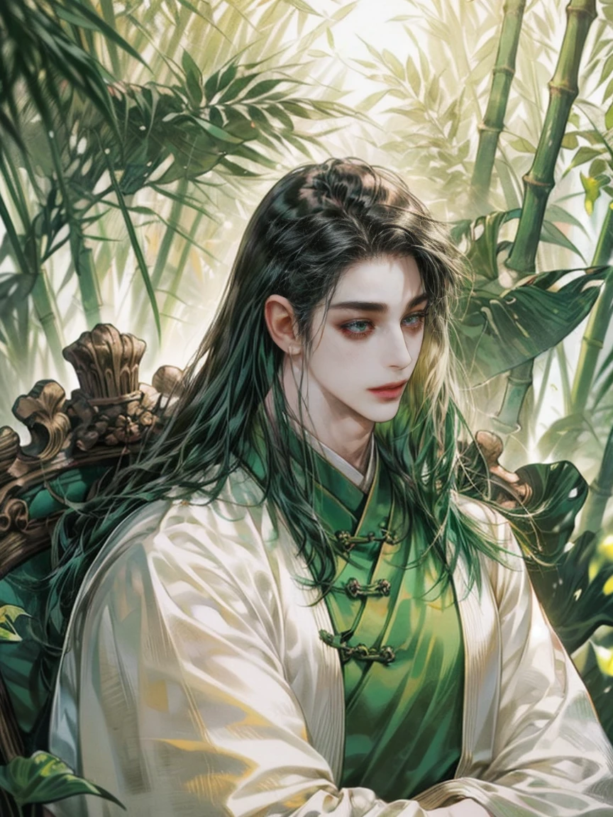 (((best quality))),masterpiece,ultra high resolution,extraordinarily beautiful youth, a bright, innocent smile,All green clothing,((boy 20 year old, green hanfu,green clothing, Chinese shirt style)) ,boy character ,((Thick black long hair)),beautiful face,detailed interior, detailed boy,((man)),(in bamboo forest), house China style, pure white lotus,beautiful and cute boy ,black eyes,((solo man)),(he has a Big eyes, charming lips, slim nose and small face),(slim figures ),very long hair