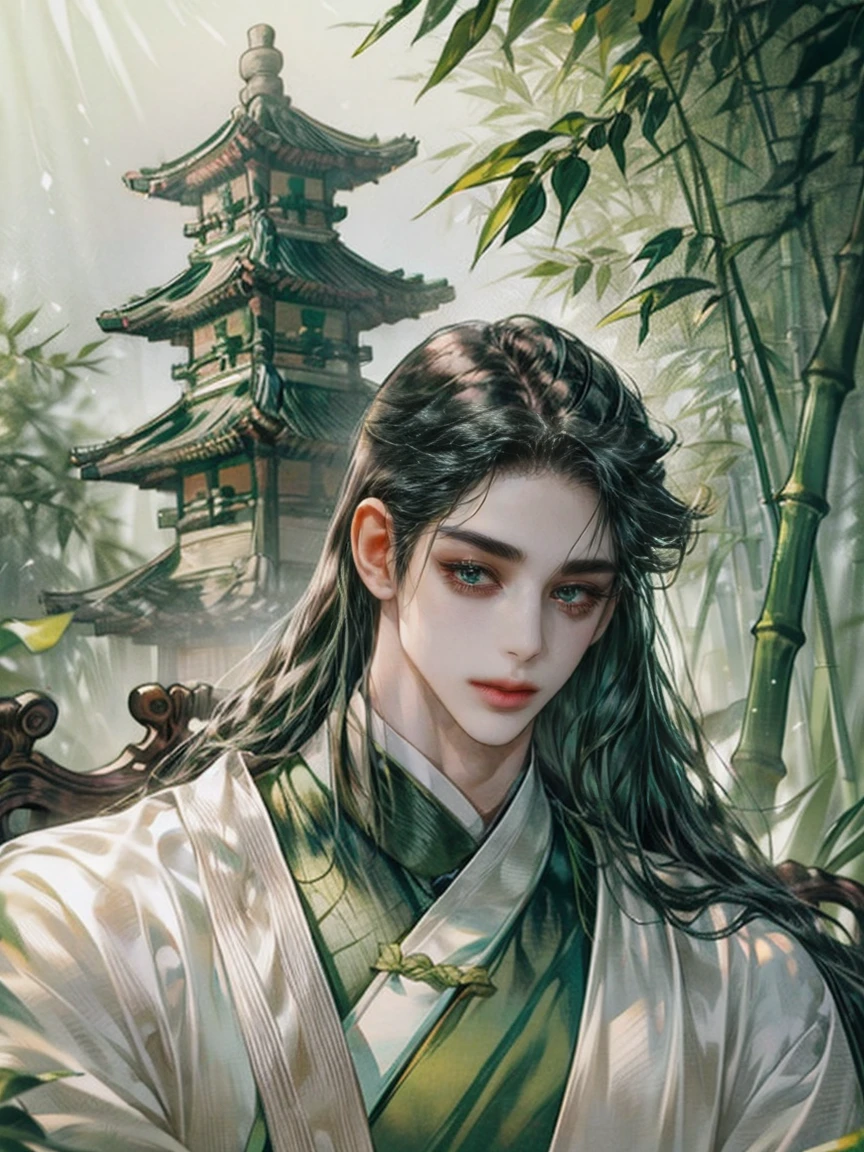 (((best quality))),masterpiece,ultra high resolution,extraordinarily beautiful youth, a bright, innocent smile,All green clothing,((boy 20 year old, green hanfu,green clothing, Chinese shirt style)) ,boy character ,((Thick black long hair)),beautiful face,detailed interior, detailed boy,((man)),(in bamboo forest), house China style, pure white lotus,beautiful and cute boy ,black eyes,((solo man)),(he has a Big eyes, charming lips, slim nose and small face),(slim figures ),very long hair 