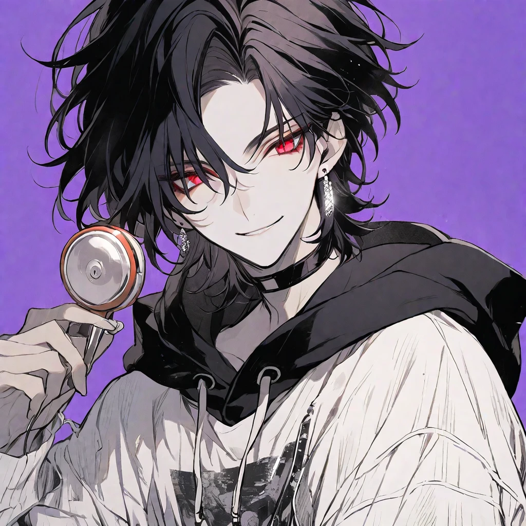 Solo,handsome, monotone,
1. male,
,Straight Hair,Bob Hair, ponytail,
black hair,
Gojo Satoru ,
red Eyes,Soft look,beautiful,beautiful,sexly,Darkness,Lots of silver earrings,choker,
White Distressed jeans, hoodie ,smile,skin,buzzer,
simple background ,
purple background,