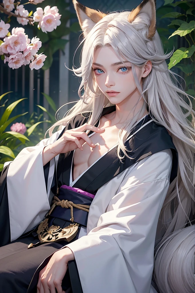 Androgynous young man, very long wavy blond hair, kimono, nice pose, kemonomimi, fox ear, fox tail, different-colored eyes, vair eyes, thin, long eyelashes, looking at camera, close-up portrait, man, garden, flower, one gray eye and one blue eye, bare torso.