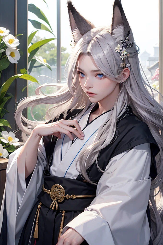 Androgynous young man, very long wavy blond hair, kimono, nice pose, kemonomimi, fox ear, fox tail, different-colored eyes, vair eyes, thin, long eyelashes, looking at camera, close-up portrait, man, garden, flower, one gray eye and one blue eye, bare torso.