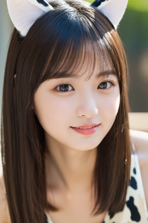 NFSW、masutepiece、masterpiece、1 girl in、Straight front view、japanese、very young cute woman、(The cutest girl in the world)、15yo student、Smaller face、toothy smile,medium breasts、cleavage,(Cat ears:1.3), (Cow pattern bikini,half body shot:1.35),hyper cute face、shiny lip、Double eyelids in both eyes、 droppy eyes,natural make up、long eyeslashes、shiny smooth light brown hair、bangss、Short hair、asymmetrical bangs、image in center、8K resolution、high details、Detailed hairstyles、A detailed face、spectacular movie lighting、