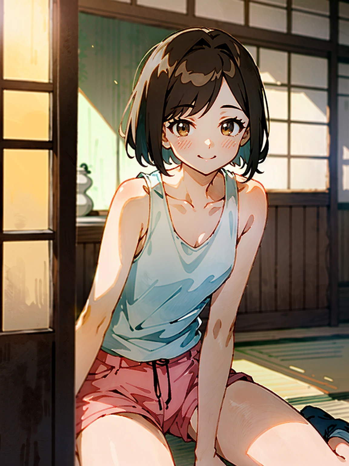 Highest quality, Very detailed, Dynamic Lighting) Brown haired woman, nice, mature, beautiful, Bob Hair, Brown eyes, Chubby, Small~Mid-chest, Bright smile, White tank top, Pink shorts, Traditional Japanese house in summer
