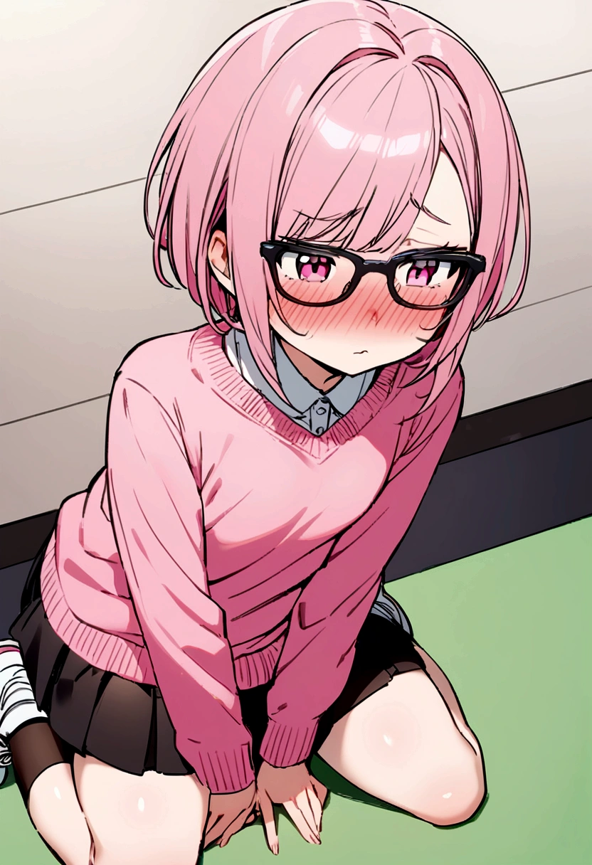 pink hair black glasses pink eyes extremely blushing a big pink sweater short black skirt black stockings white tennis shoes that is a reserved girl that is pouting