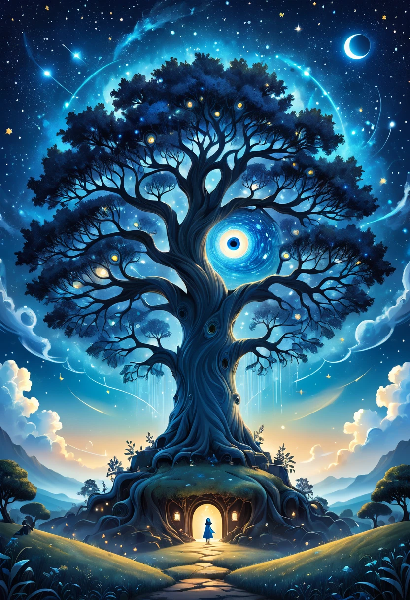 This picture is an illustration full of fantasy and imagination. Centered on a large blue tree, By depicting the small creatures around,Build a mysterious and beautiful fantasy world, Mysterious eyes, And the gorgeous starry sky background.