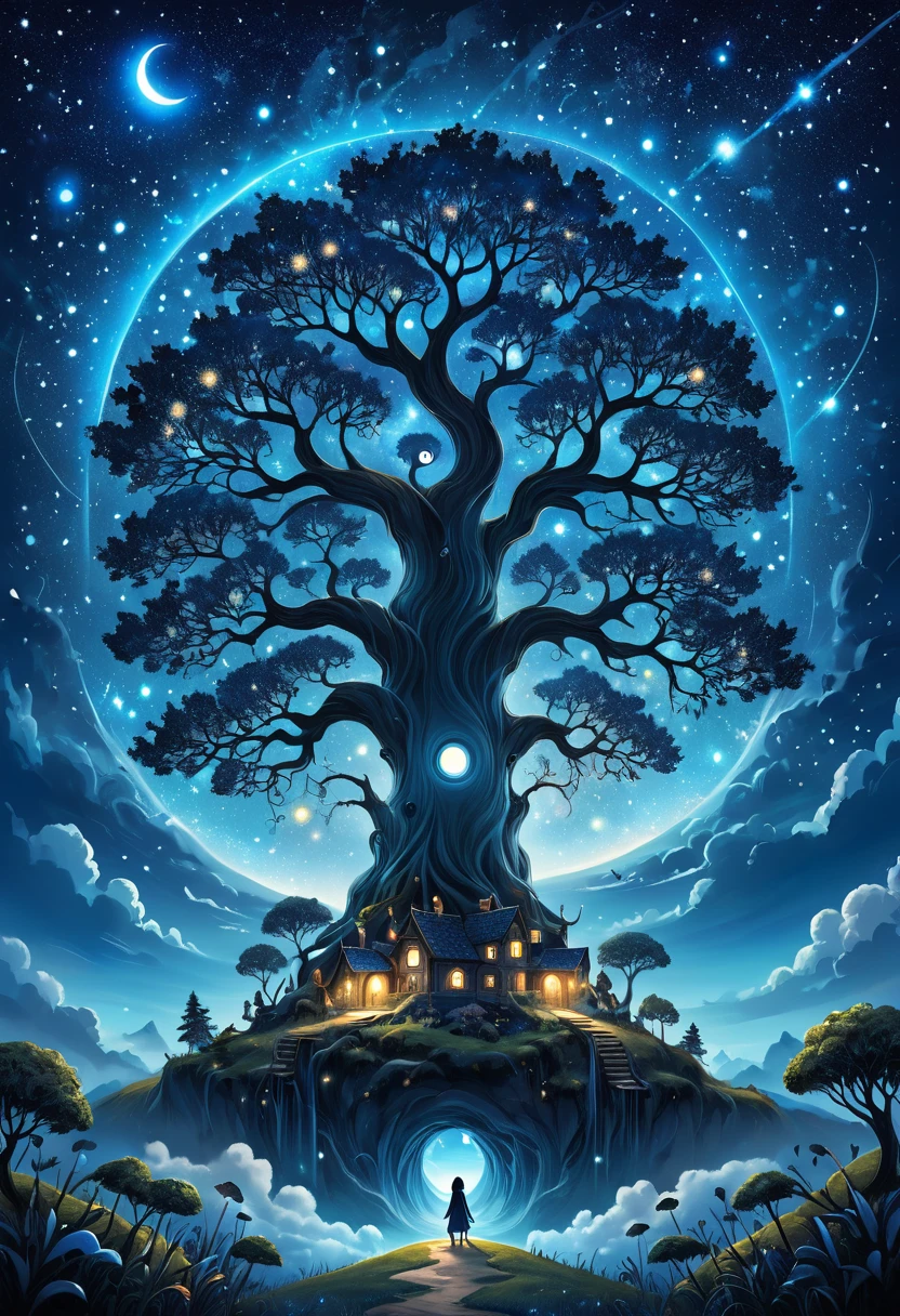 This picture is an illustration full of fantasy and imagination. Centered on a large blue tree, By depicting the small creatures around，Build a mysterious and beautiful fantasy world, Mysterious eyes, And the gorgeous starry sky background.