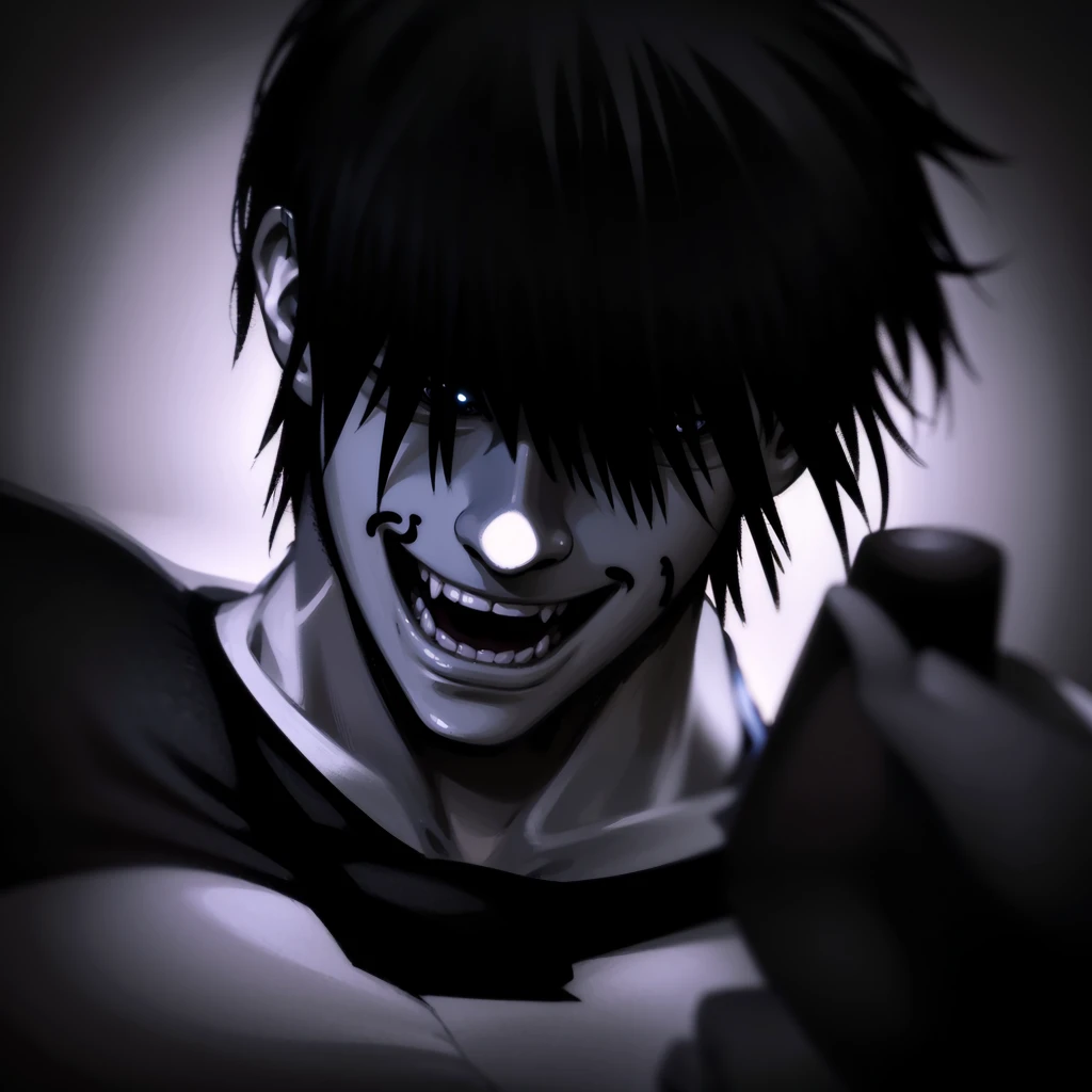  The image shows a man with black hair and a smirk, holding a gun. He appears to be in a state of excitement or anticipation. hd, 2k, 4k, 6k, 8k
