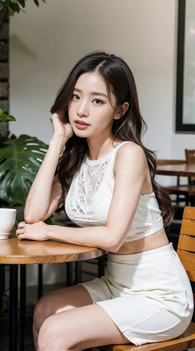 Dark brown hair、Light brown eyes、Japanese actress、 Lady、I40歳くらいです..、(Intricate details:1.2)、(Which is the top????:1.4)、 (Ultra-high resolution:1.2)、Ultra-high resolution、(Finely tuned)、(Detailed facial features)、Hmph、8K resolution、D cup size breasts、Long Hair、ロサンゼルス Shade Awning サン&Shade Awning、Terrace Cafe、Cafe tables lined up、Cafe chair、relax、、,Full body photo、Head to toe shot、Beautiful legs、White camisole、mini skirt、Blackpink Jenny I、Take this photo、Beautiful legs、she, Fashion Hub, Attention to detail, Very detailed, Realistic, Hourglass Shaped Body, Obscene pose,Leaning against a wall、Please lift your chin up a little.....、Poses that make you feel weak、Are crying、Deep sorrow、My eyes and cheeks are wet with tears、A cafe surrounded by white flowers、Very sandals、Place your elbows on the table、Place your chin on your hand、Sun and Shadow、