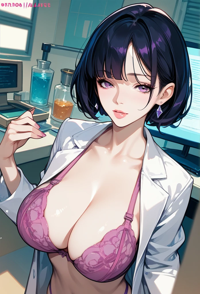 mature woman, mature face, hot face, glossy lips, (black hair, short hair, hime bangs), mature body, big breast, magenta bra, lab coat, violet thong, lab