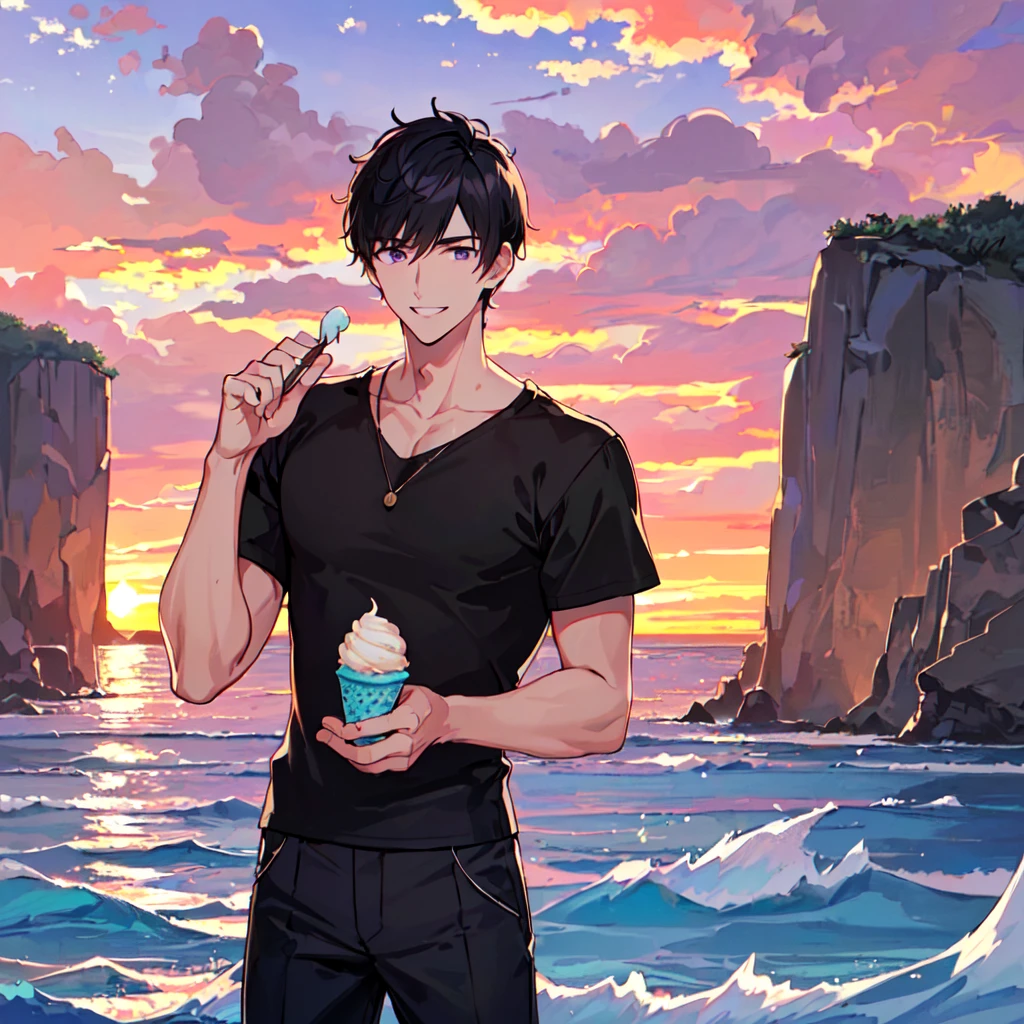 masterpiece,best quality,high quality,(1 male austere handsome solo adult age 30 years old:1.5), purple eyes, cool with suspended eyes, V-shaped eyebrows, body strong and fearless 8.5 head tall, height 185cm, (well-groomed black short hair down to neck:1.4), (bangs 7 thirds parted:1.4), slender nose, facial muscles, throat, (short-sleeved shirt and pants:1.3), (eating with soft ice cream), (stylish pose), (cool smile:1.3), (background ocean beach:1.3), (sunset:1.3)