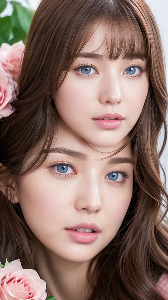 Charming, has wavy hazel brown hair and parted bangs. sharp sea blue eyes, sharp nose, soft pink lips, and slim has white skin, thick straight eyebrows, is sleeping in a pile of pink roses, is tied by a chain and his hands are also tied and bleeding.then add effects