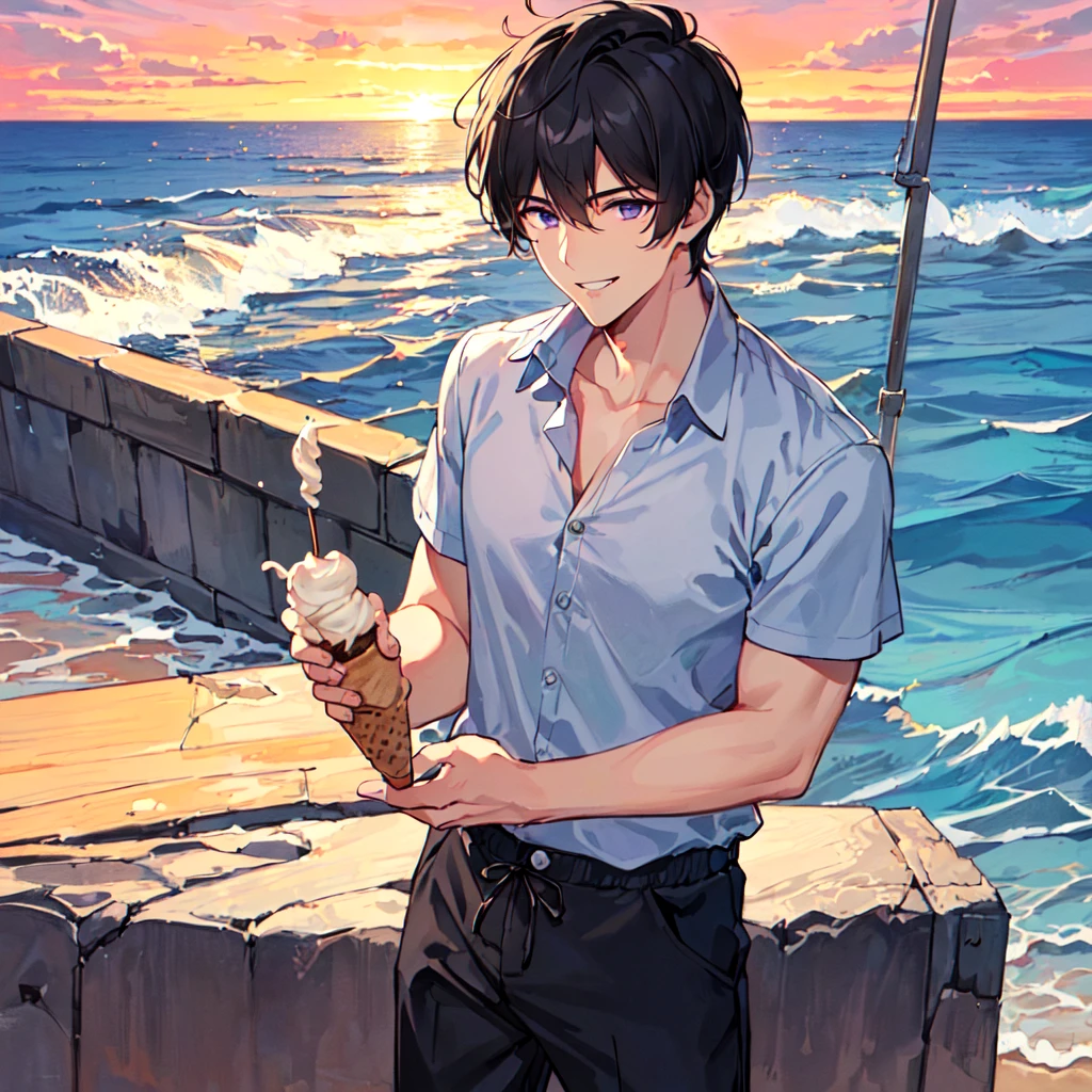 masterpiece,best quality,high quality,(1 male austere handsome solo adult age 30 years old:1.5), purple eyes, cool with suspended eyes, V-shaped eyebrows, body strong and fearless 8.5 head tall, height 185cm, (well-groomed black short hair down to neck:1.4), (bangs 7 thirds parted:1.4), slender nose, facial muscles, throat, (short-sleeved shirt and pants:1.3), (eating with soft ice cream), (stylish pose), (cool smile:1.3), (background ocean beach:1.3), (sunset:1.3)