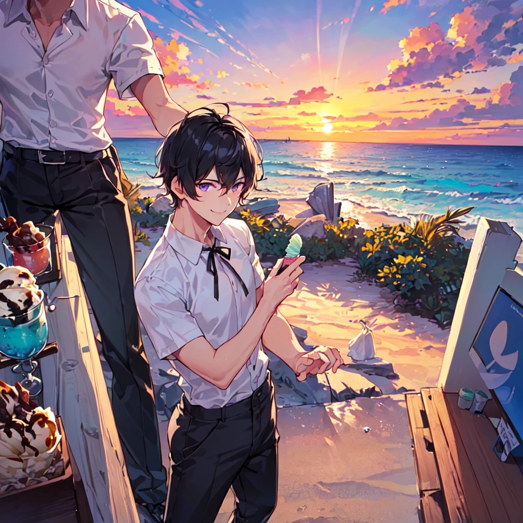 masterpiece,best quality,high quality,(1 male austere handsome solo adult age 30 years old:1.5), purple eyes, cool with suspended eyes, V-shaped eyebrows, body strong and fearless 8.5 head tall, height 185cm, (well-groomed black short hair down to neck:1.4), (bangs 7 thirds parted:1.4), slender nose, facial muscles, throat, (short-sleeved shirt and pants:1.3), (eating with soft ice cream), (stylish pose), (cool smile:1.3), (background ocean beach:1.3), (sunset:1.3)