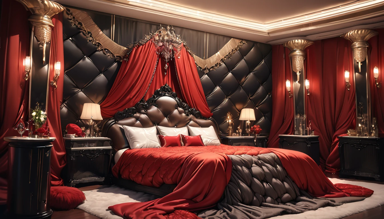 a fluffy red silk duvet, many large silk cushions, a luxurious and fluffy red silk bed, extremely detailed, high quality, 8k, best quality, photorealistic, studio lighting, lush, elegant, soft, delicate, rich, warm colors, serene, luxurious bedroom interior, plush, velvety, opulent, ornate, detailed silk textures, fine details, sumptuous, sophisticated, lavish, exquisite, opulent, refined, grandiose, magnificent,girl, naked