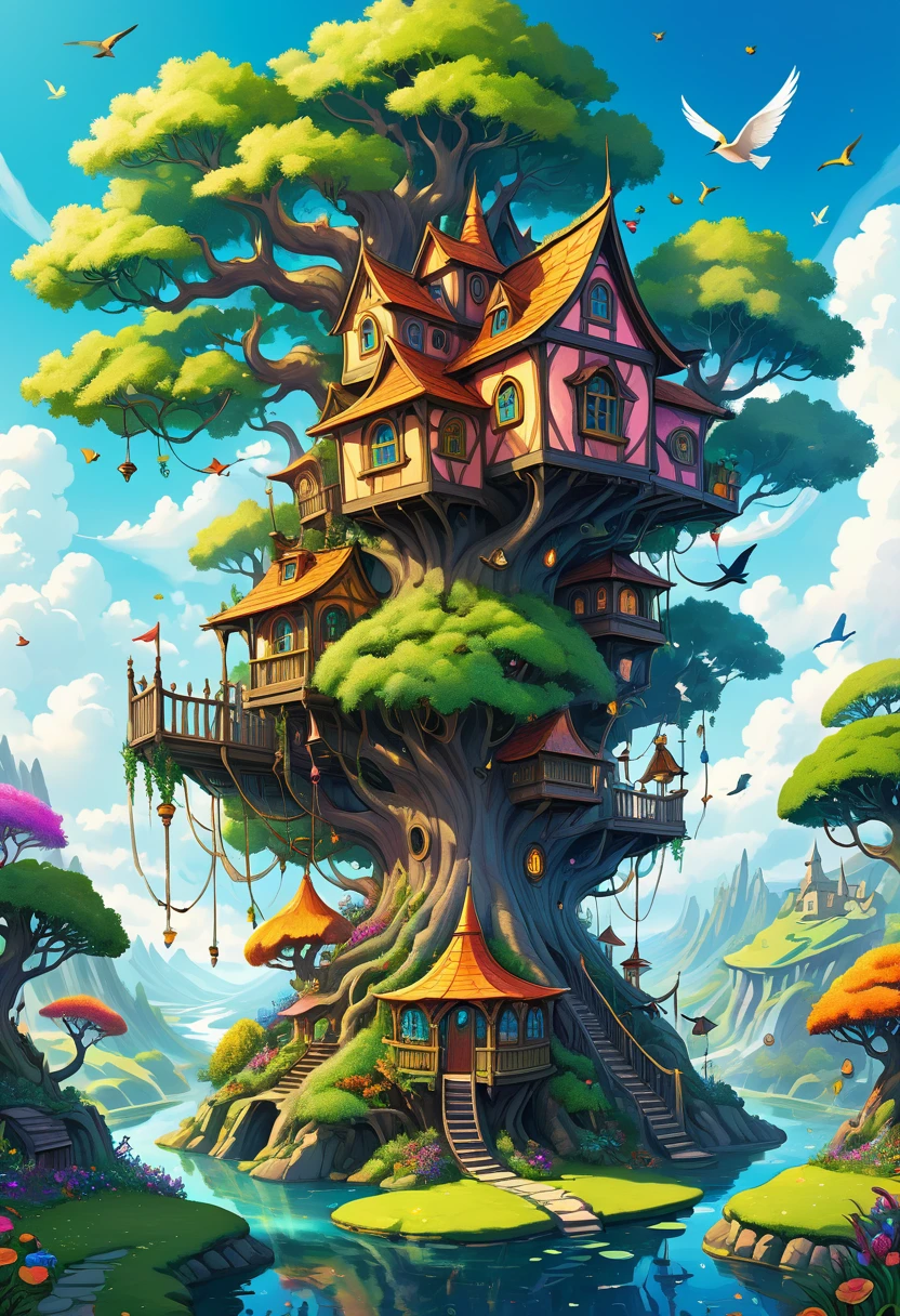 illustration:A fantasy tree house,There is a flying bird in the middle, magic Fantasy Very Detailed, Whimsical fantasy landscape art, Whimsical and psychedelic, Detailed fantasy illustration, 全彩illustration, Britney Lee, 一幅美丽的艺术illustration, Wizarding World. rich and colorful, very surreal garden, fairytale artwork, Fantasy Very Detailed, Carry space library artwork, Digital fantasy illustration, Fantasy scene