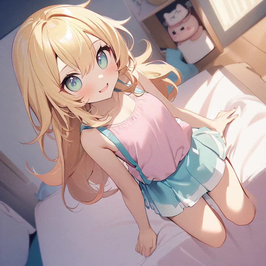 masterpiece、Highest quality、Depth of subject、((2D illustration))、1 beautiful girl、((colorful))、(((chibi style)))、((Long, beautiful hair))、Light blonde、hair between eyes、cute、Beautifully detailed eyes、Tank top、((mini skirt))、(((vivid color))、((bed))、((full body shot))、((Very happy face))、((kitten))、stuffed toy、((There&#39;s a lot of pink around))、((Lens flare))、White light is shining、My whole body was filled with light
