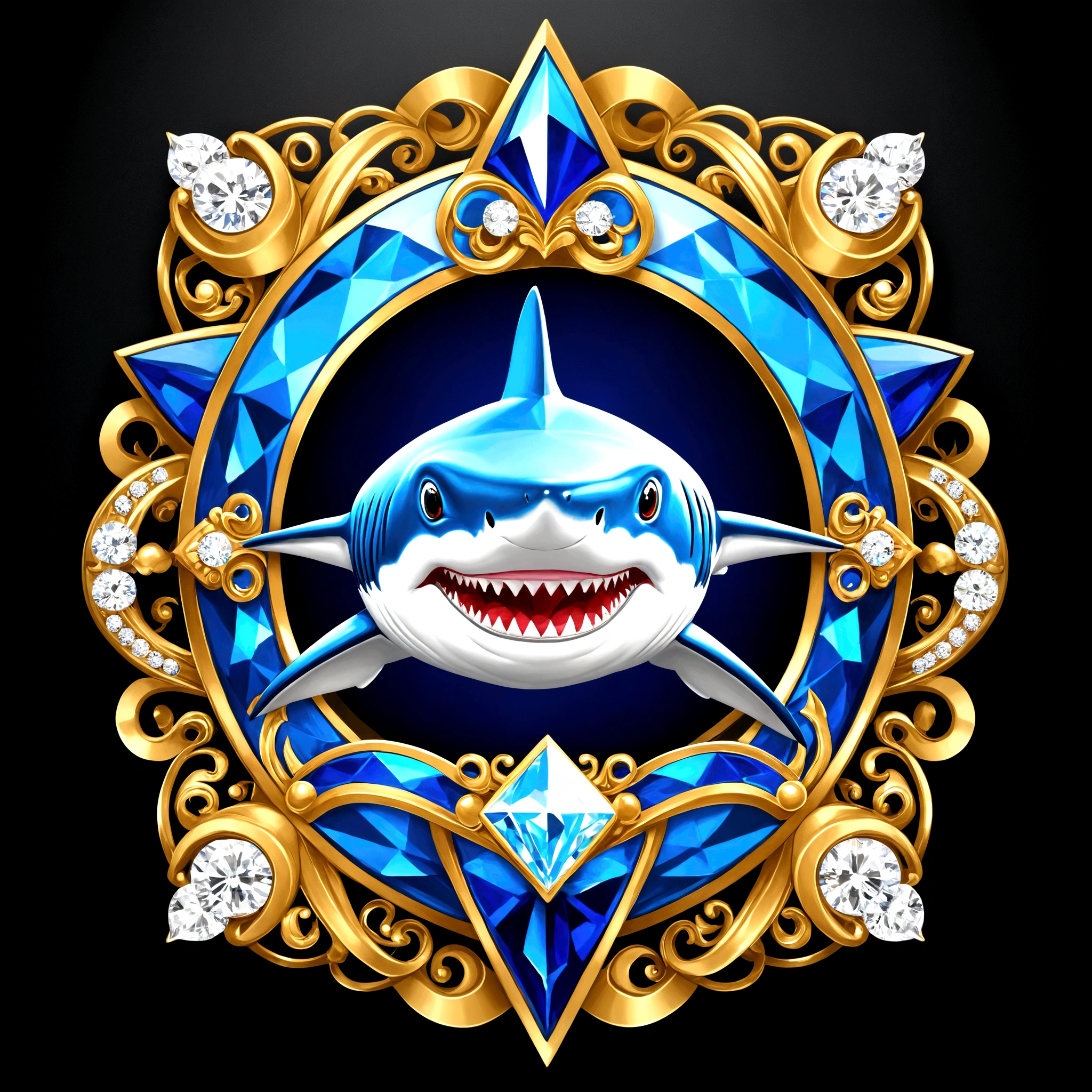 The elegant logo is written ("creole art GP") Diamant, ("creole art GP") segurando um Diamant brilhante acima da vista frontal estilo retrato de sua cabeça, shark face,no fundo aparece um gosto de tubarão com os fone de ouvido Diamant brilhante, dark blue. Farbe. 
