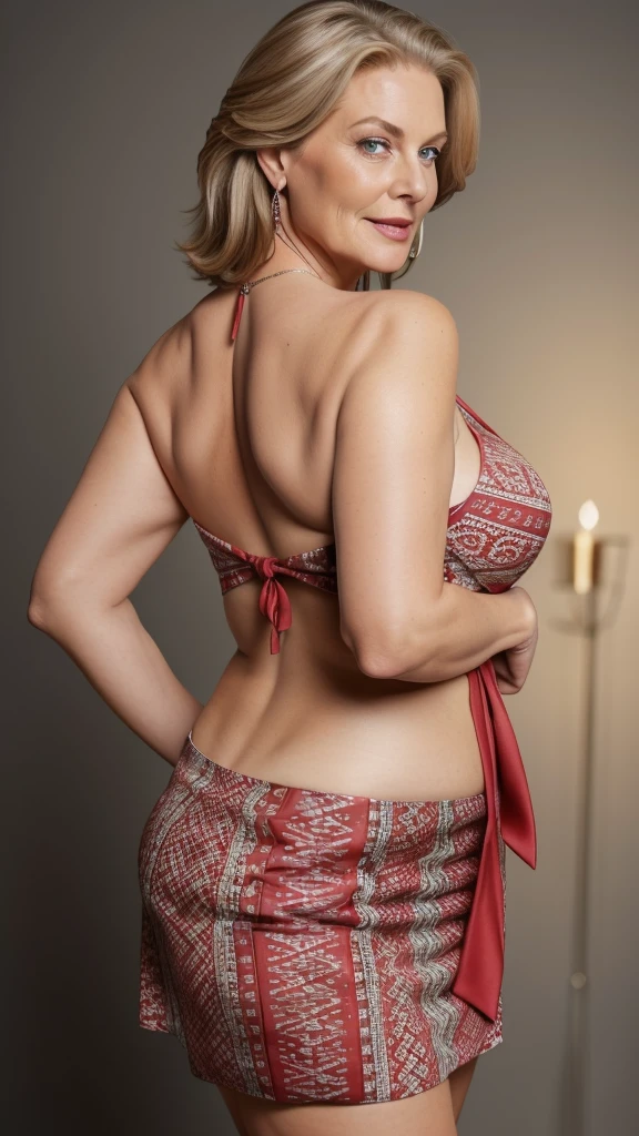 1 mature woman in, age60, Solo, casual hair, curvy body, Looking at Viewer, grayblondehair, Bare shoulders, Brown eyes, jewely, Full body, a necklace, off shoulders, (wearing elegant patterned red tie tube colared skirt), Distant photo, Realistic, A sexy one, beautiful colour, Perfect skin, 3 bust size, instagram (Realistic, A high resolution),photo size 3:4, 1 cute sexy mature woman, large expressive blue eyes, happy, (8K, raw photo, Best quality, High detail, curvaceous forms, curvy body, seductive pose, in the studio Foto with three ports lighting, with black wall background her back is turned to the photographer.